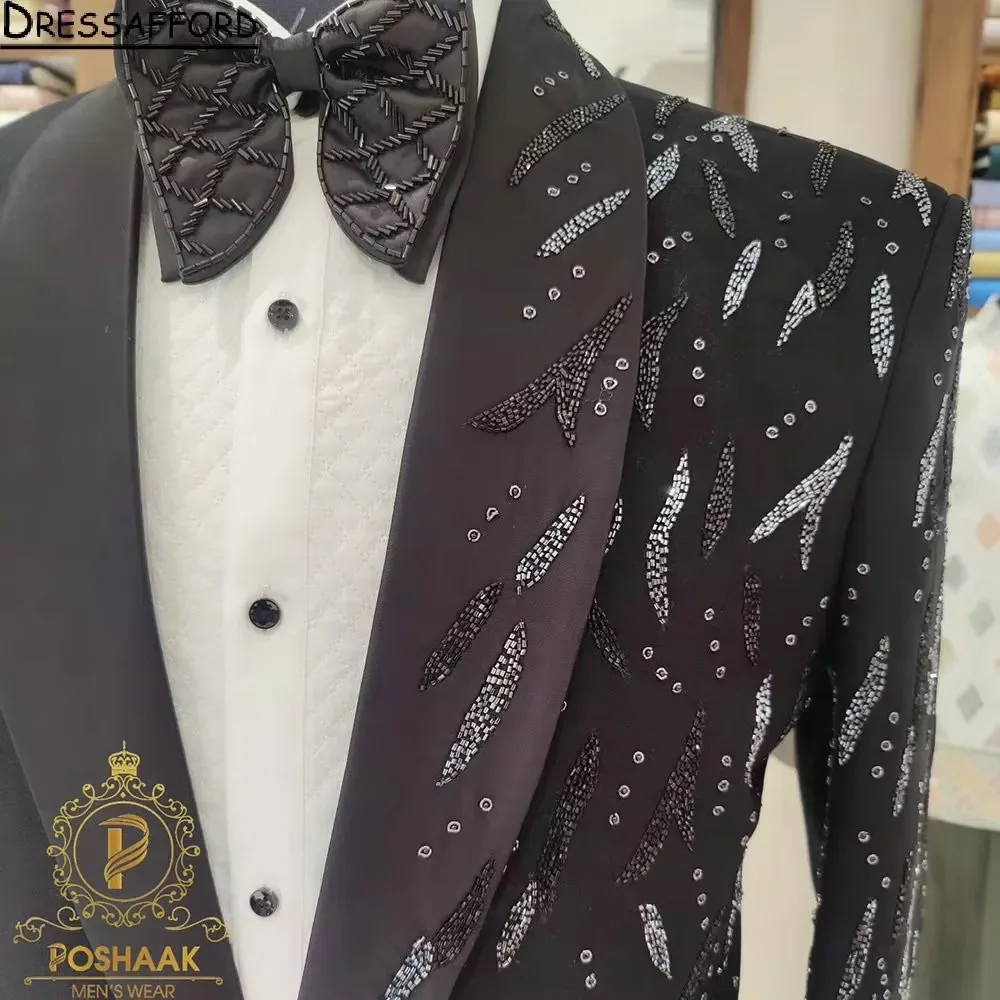 Black Sequined Beading Men Suits Groom Wedding Tuxedos 2 Pieces Sets Dinner Prom Blazers Terno Masculino Completo