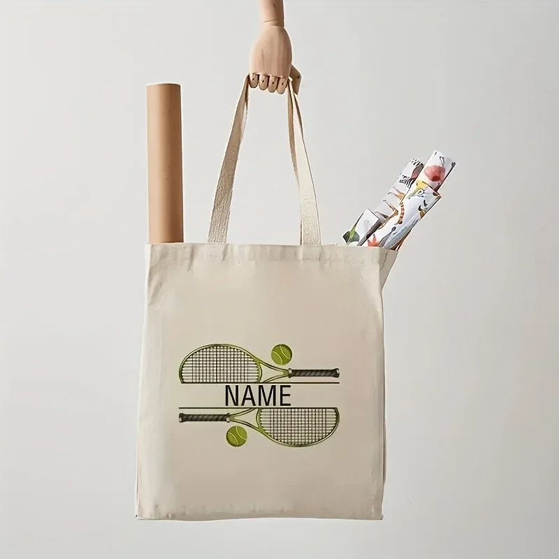 Personalized Tennis Tote Bag Custom Name Text Tennis Racket and Ball Design Beige with Black Lettering Gift for Tennis Coaches