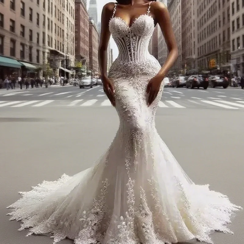 

Elegant Lace Mermaid Wedding Dress Luxury Bride Robe Dress Sexy Corset Spaghetti Straps Customzied