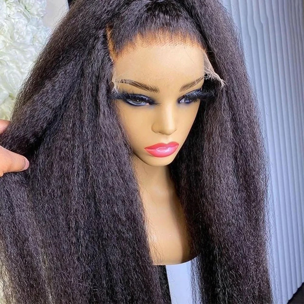 Glueless 26 Inch Long 180 Density Black Yaki Kinky Straight Deep Lace Front Wig For Women With BabyHair Preplucked Daily