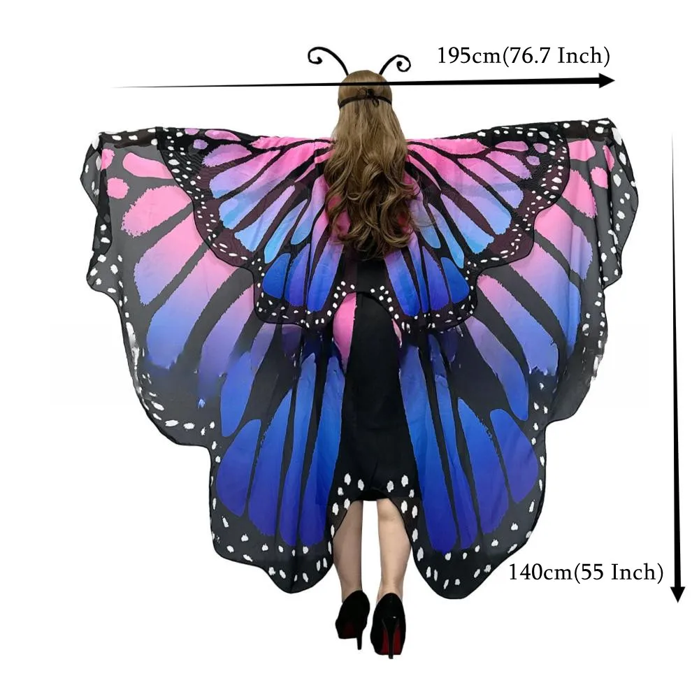 2024 New Two Layers Chiffon Butterfly Wings Costume Adults Halloween Shawl Colorful Nymph Pixie Accessory for Christmas Cosplay