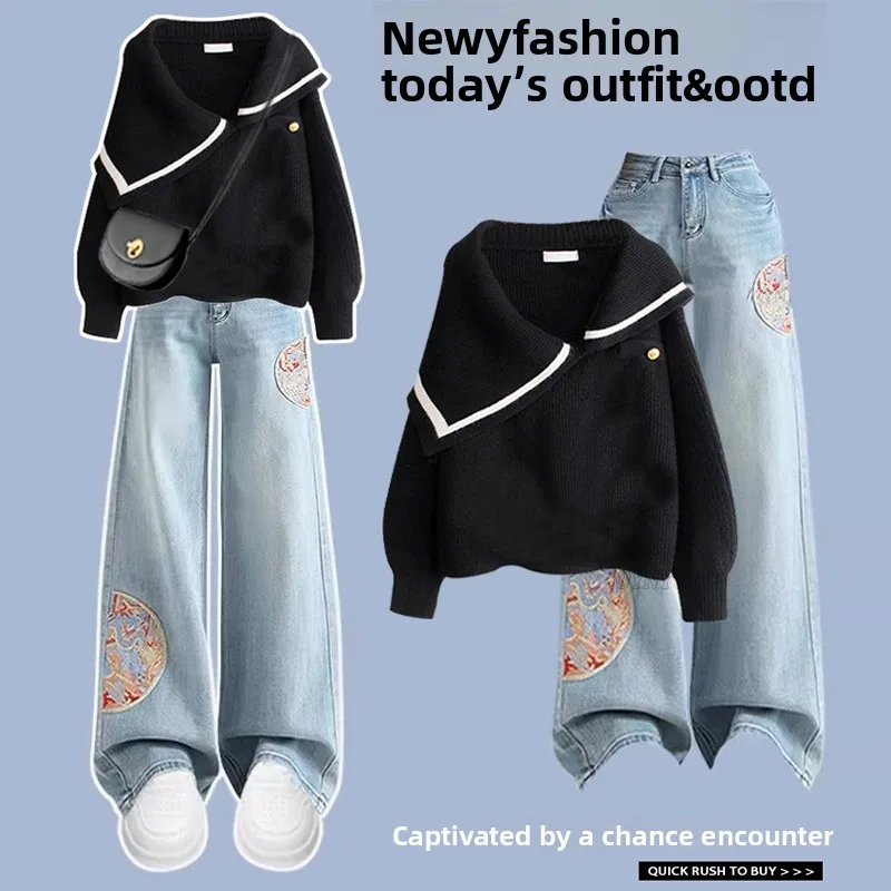 أوائل الخريف Faion مجموعة صغيرة الحجم سترة محبوكة وجينز مطرز مظهر شبابي ألياف البوليستر طويلة Sve