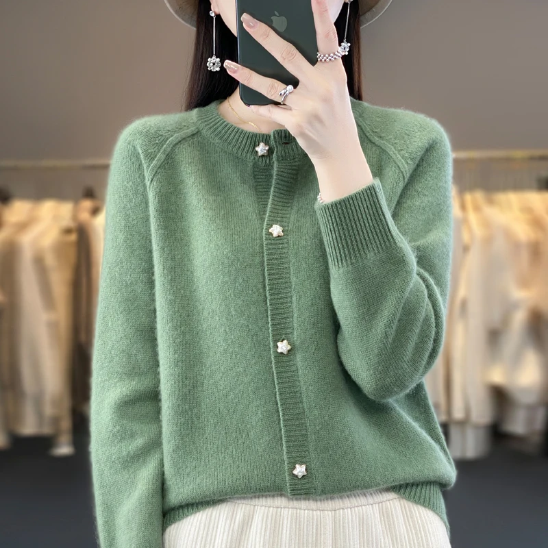 Women\'s Autumn And Winter Sweater Round Neck Basic Casual Loose Sweater 100% Pure Wool Long Sleeve Cardigan Korean Pop Top-D128