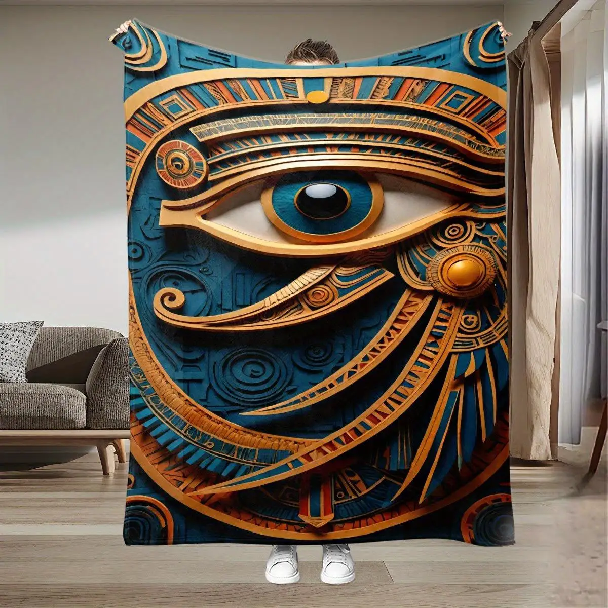 Navy Blue Egyptian Eye of Horus Hieroglyphs Print Flannel Blanket Soft Lightweight All Seasons for Home Travel