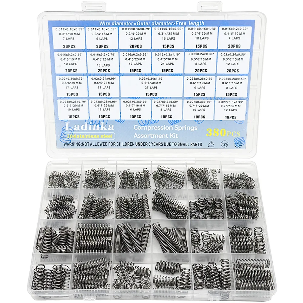 380PCS Premium Stainless Steel Compression Spring Assortment Kit with 24 Sizes for Mechanical Repairs Electronics & DIY Projects