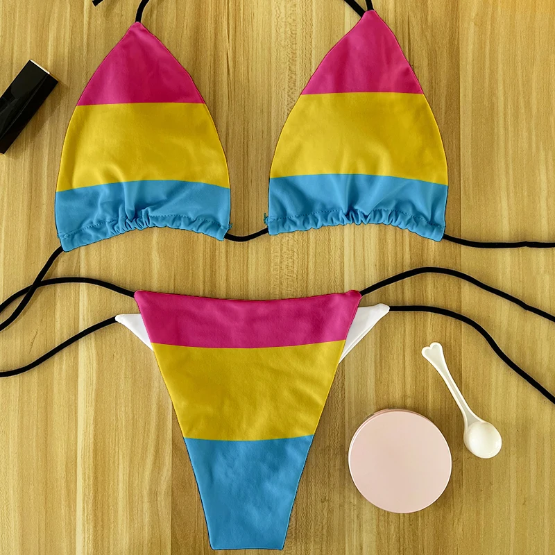 Seksi gökkuşağı baskılı Bikini kadın mayo kadın mayo kadın Mini tanga Bikini seti yıkanma için Beachwear yüzme