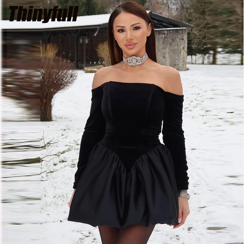 Thinyfull Velvet/Satin Short Prom Dress Off Shoulder Long Sleeves Evening Party Dress Mini Formal Occasion Gown Customized