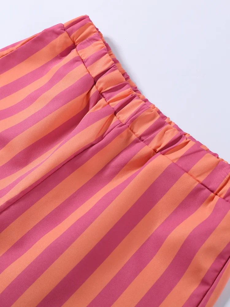 Gestreifte Kurzarm-Oberteil-Hosen-Kombination für Damen, Street-Style Einreihiges Tailliertes Oberteil mit Hochgeschnittener Hose, Modische Damen-Outfits – Detail 7