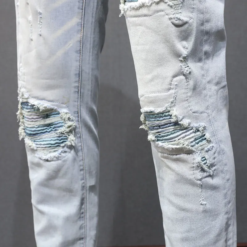 

Y2K Fashion New Light Blue Men's Jeans, Washed Nostalgic Perforated Patched Deep Jeans, Designer Hip Hop Brand Splicing Pants