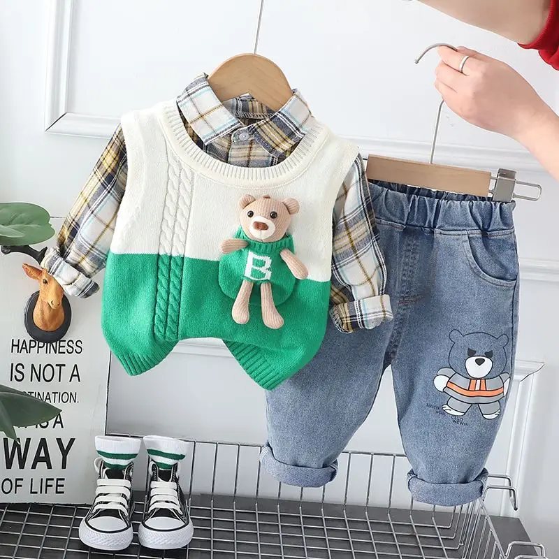 Spring and Autumn Baby Boys Clothing Set New Children\'s Sweater Vest Shirt Pants 3-piece Set Kids Outfits 6M 2T 3T 4T 5T