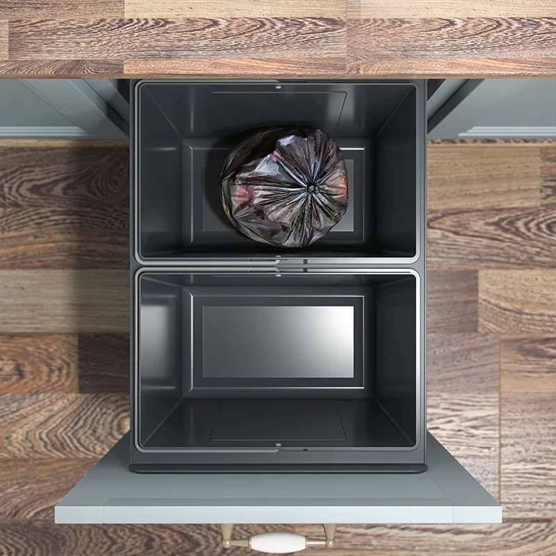 Heavy duty trash cans under cabinets can be pulled out with double 20L containers and soft closure ball bearing slides