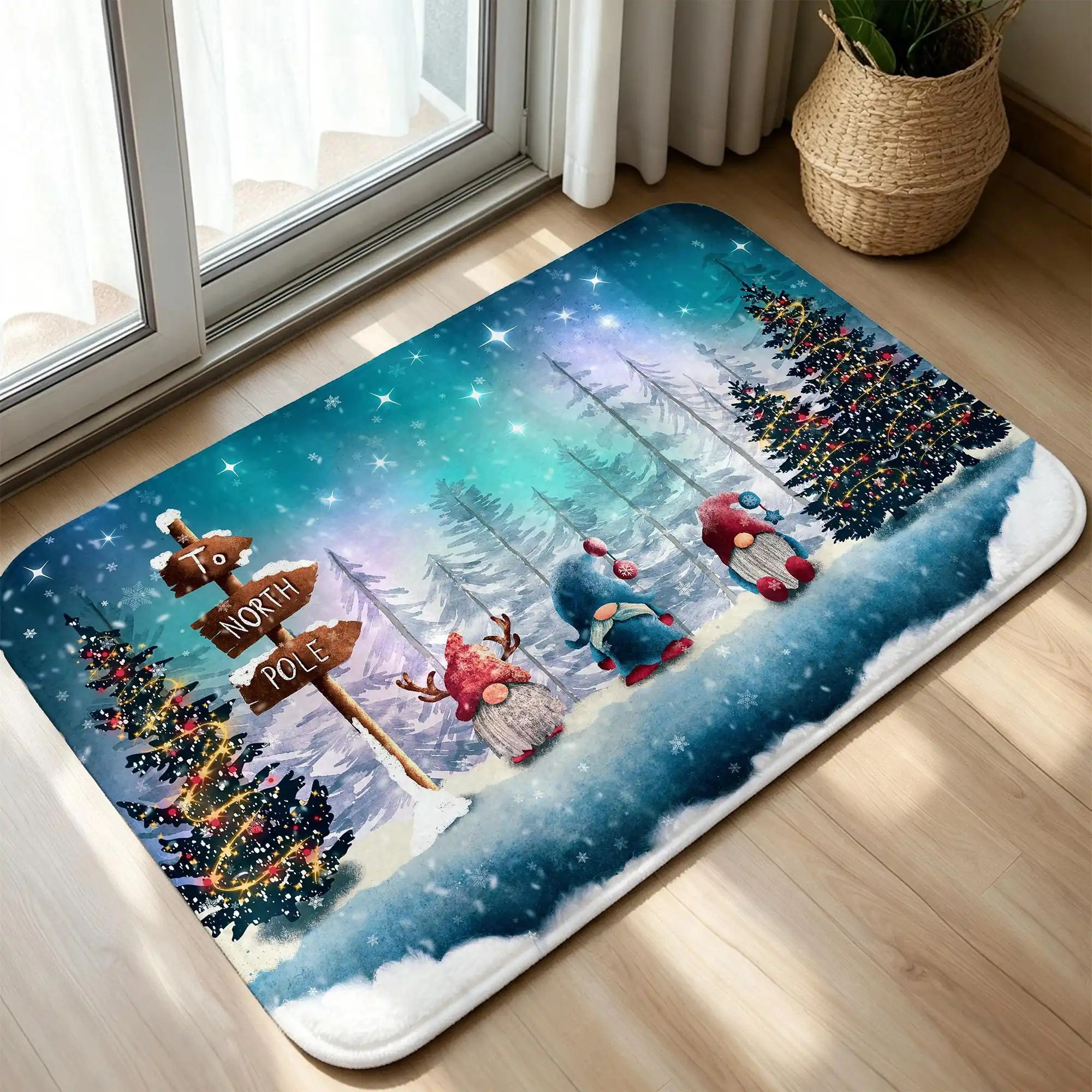 North Pole Winter Area Rug Christmas Gnomes Doormat Starry Night Welcome Rug Holiday Floor Mat Bedroom Cloakroom Balcony Decor
