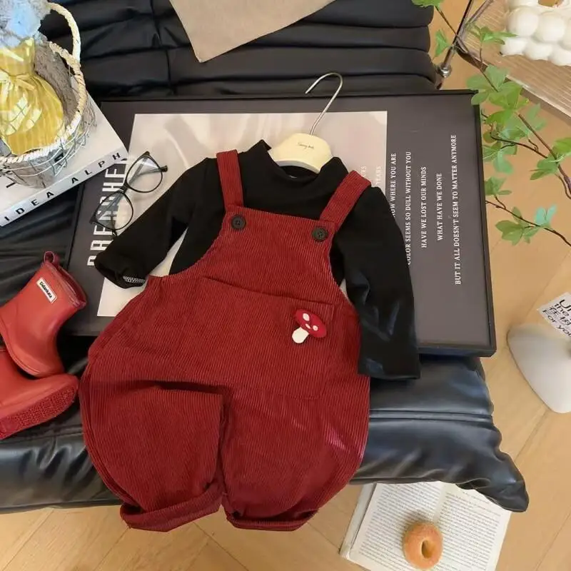 

Children's Clothing New Style Overall Two Piece Set Red Corduroy Girls Small To Medium Spring Autumn Cartoon Doll Trendy Chic