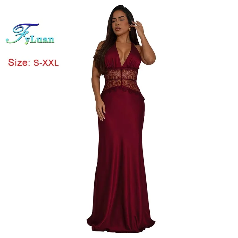 2025 Europa y América vestido de mujer Sexy de encaje con cuello en V profundo vestido largo sin espalda cintura recortada adelgazante vestido sin mangas vestidos de graduación