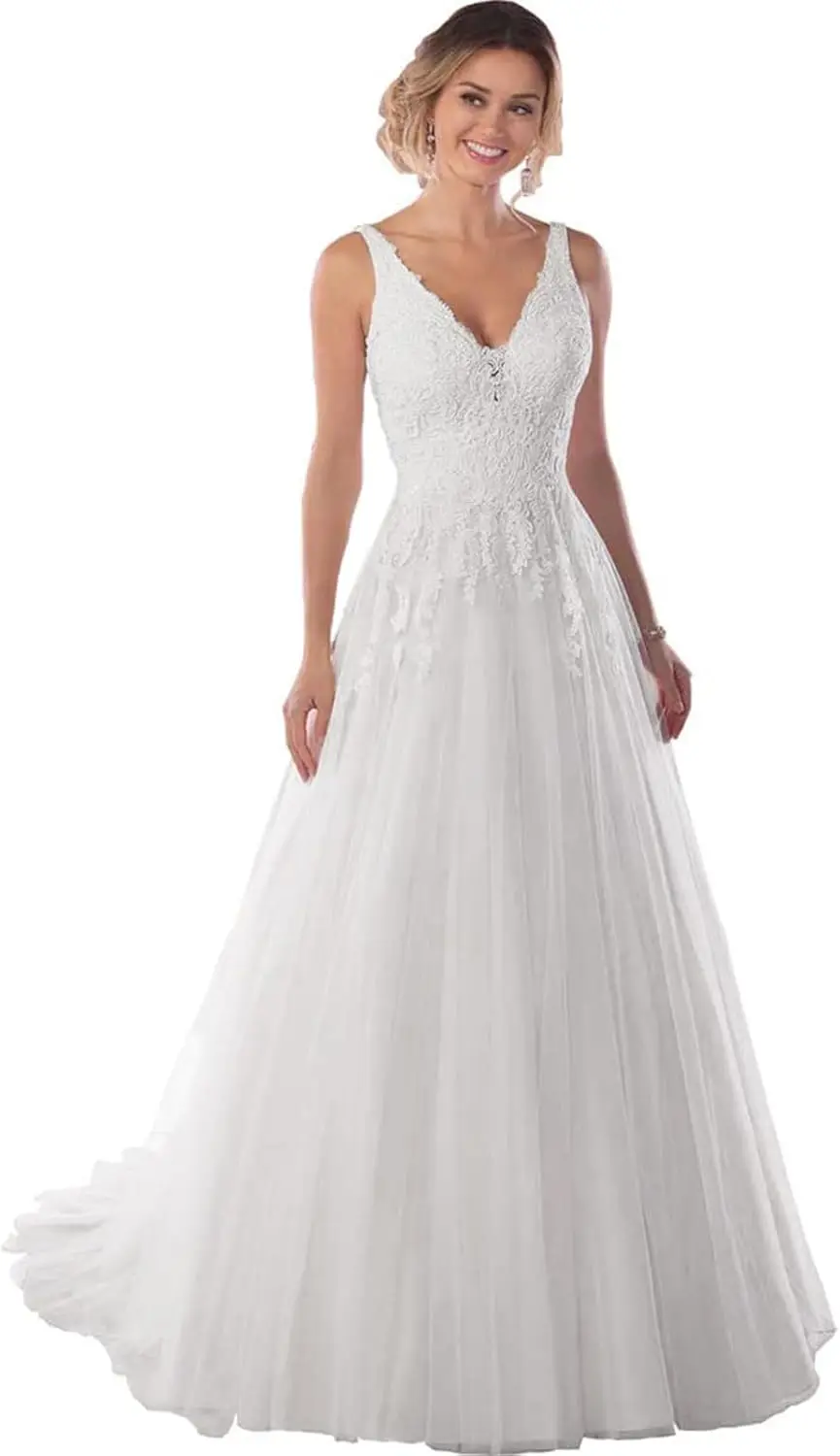 Women's A Line Boho Wedding Dresses for Bride Lace Applique A Line Beach Long Bridal Gowns Simple Wedding Dress