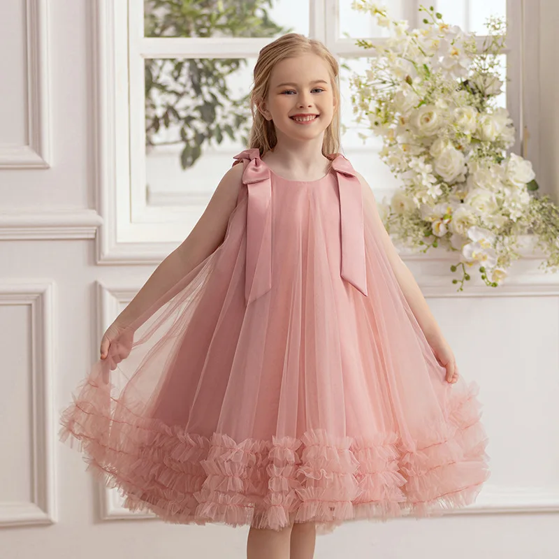 

Sweet Flower Girls Big Bow Tulle Princess Dress For Children Performance Wedding Bridesmaid Birthday Party Ceremony Puffy Gown