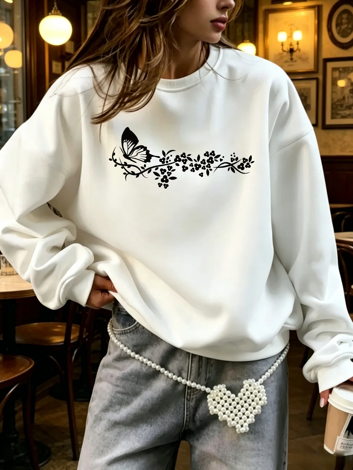 Standard Size Women's Hoodie with Butterfly and Floral Vine Pattern Printed Round Neck, Suitable for Autumn and Winter