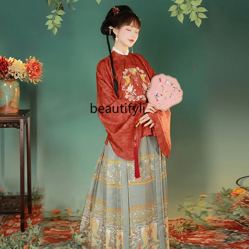 Women's Han Chinese Clothing Ming round Neck Placket Embroidery Pipa Sleeve Short Coat Horse-Face Skirt Autumn and Winter