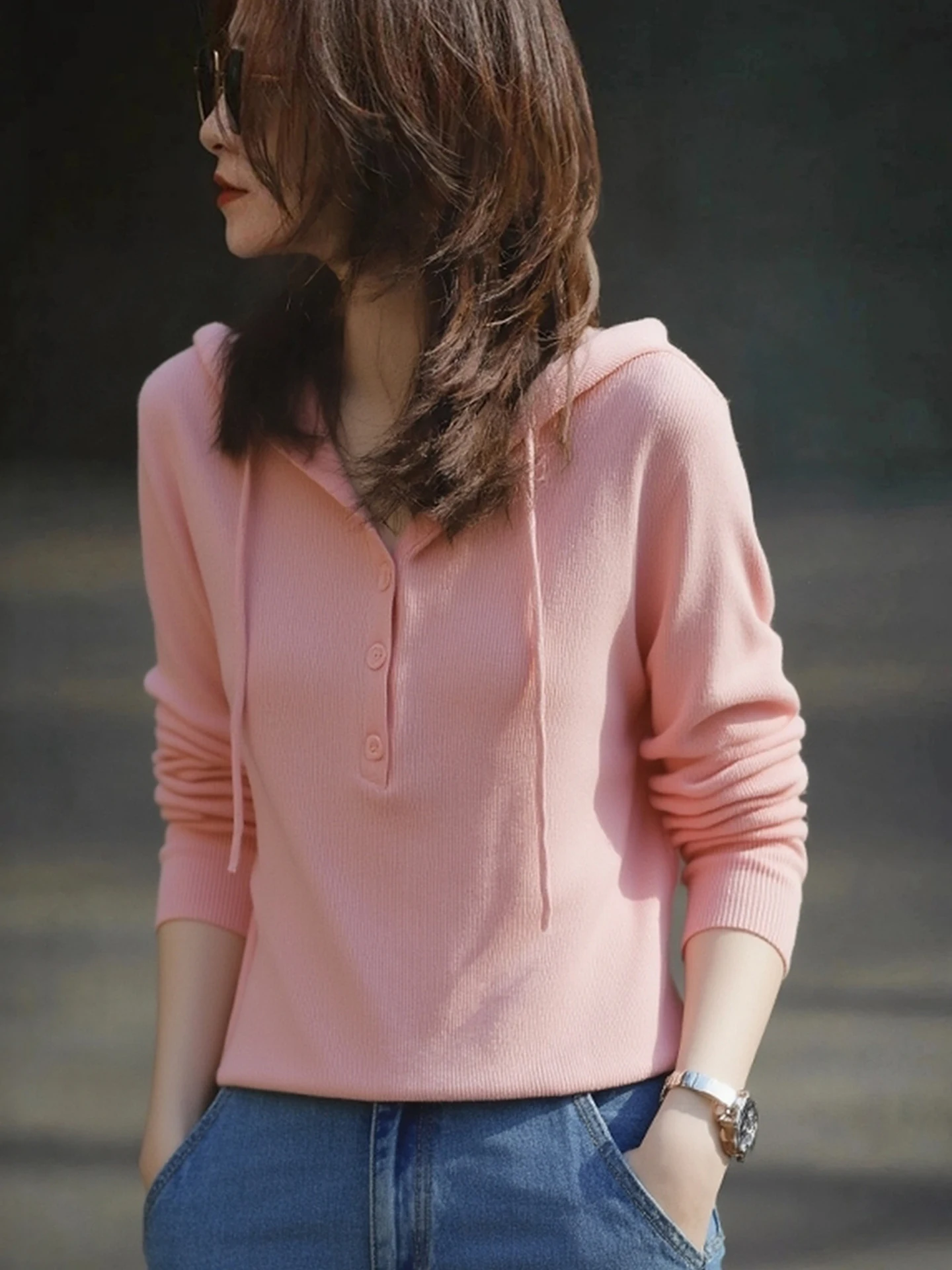 

Ele Long Sve Knitted Hoodie Pure Color Loose Base irt Winter Simple Sle Women's Faion Camere Sweater Top