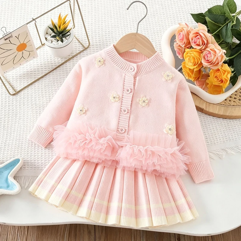 IYEAL Kids Girls Floral Knit Cardigan +Pleated Skirt 2Pcs Set Autumn Spring Toddler Casual Princess Outfits