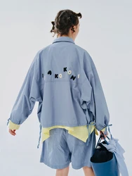 IMAKOKONI original design lapel long sleeve letter embroidery pocket strap blue shirt top women 244501