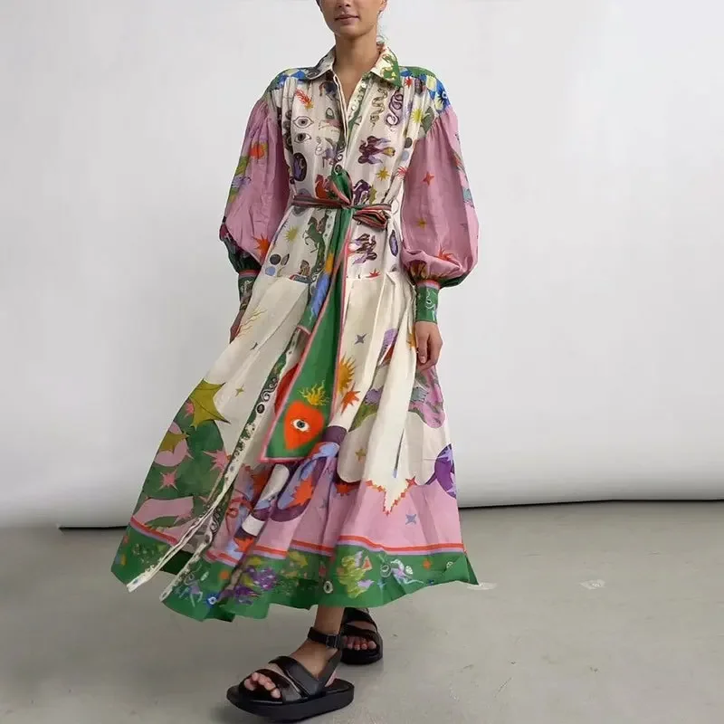 

Fashion Popular Clothing Summer Women's New Casual Personality Printing V-neck Tie Waist Long-sleeved Dresses