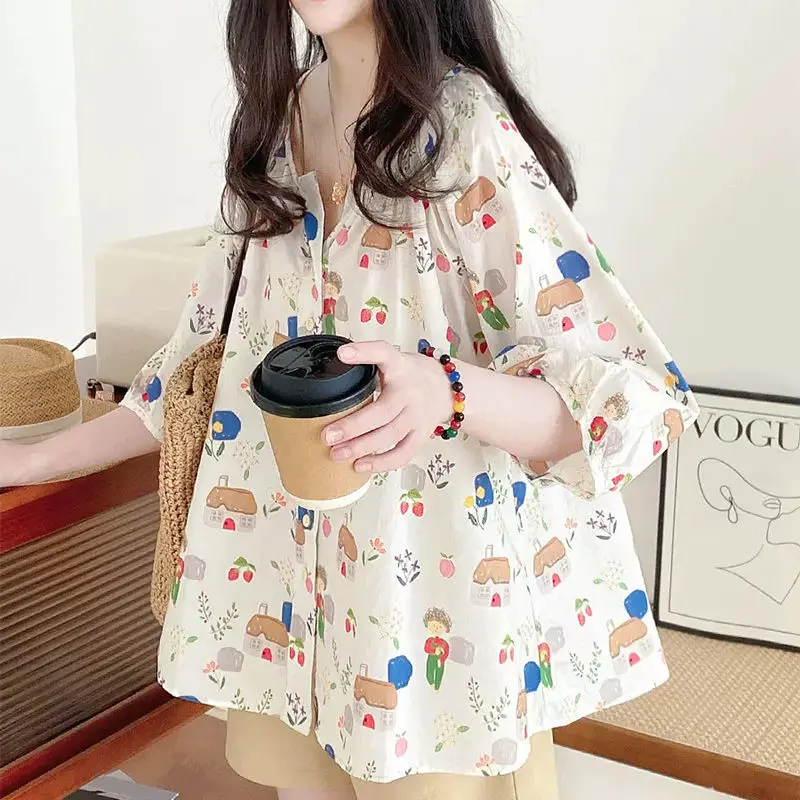 French Style Sweet V-neck Lantern Sleeve Floral Shirt for Women\'s Summer Loose Slimming Belly Covering Three-quarter Sleeve Top