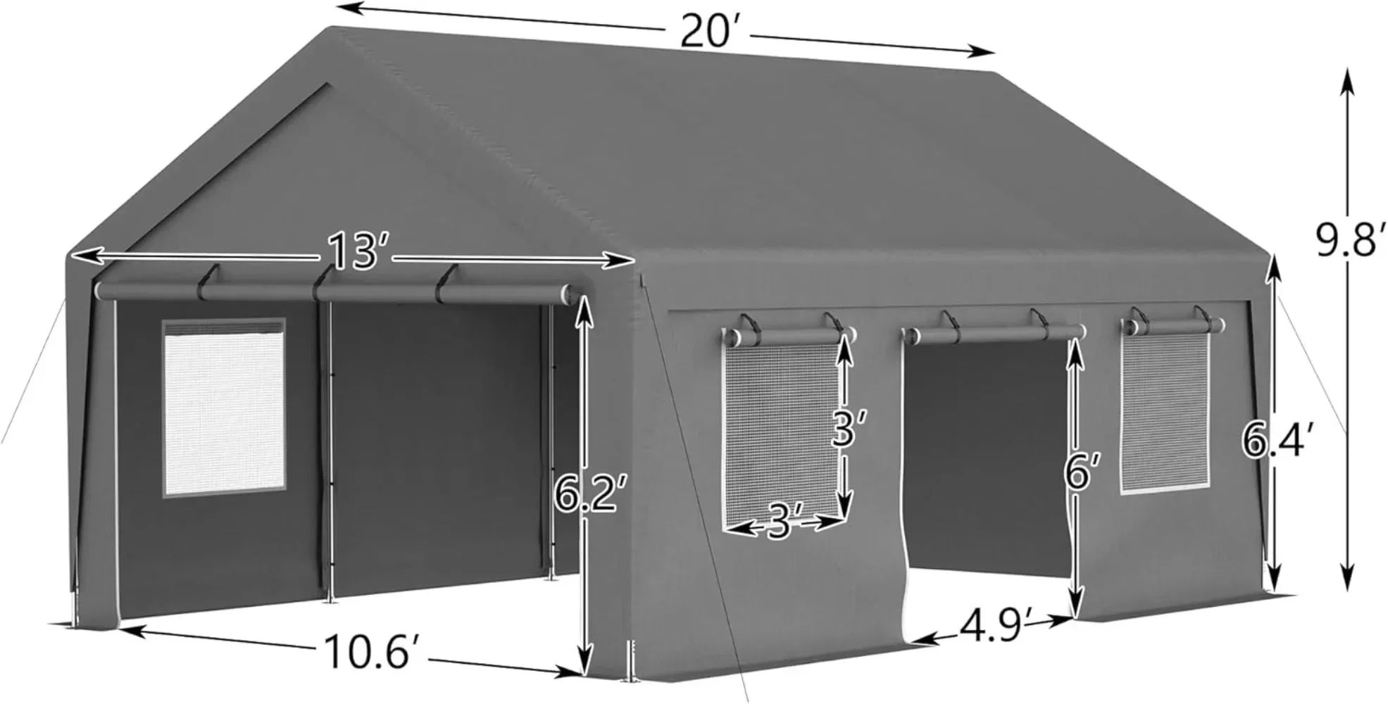 Carport portable extérieur avec paroi latérale enroulable, fenêtres ventilées avec parois latérales parfaites, 13 pi x 20 pi