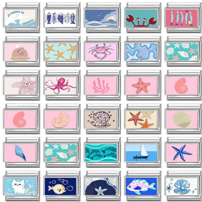 Y2K المحيط سلسلة قارب نجم البحر قذيفة كراب الأسماك الإيطالية سحر الروابط صالح 9 مللي متر الفولاذ المقاوم للصدأ سوار المرأة مجوهرات DIY بها بنفسك صنع #1