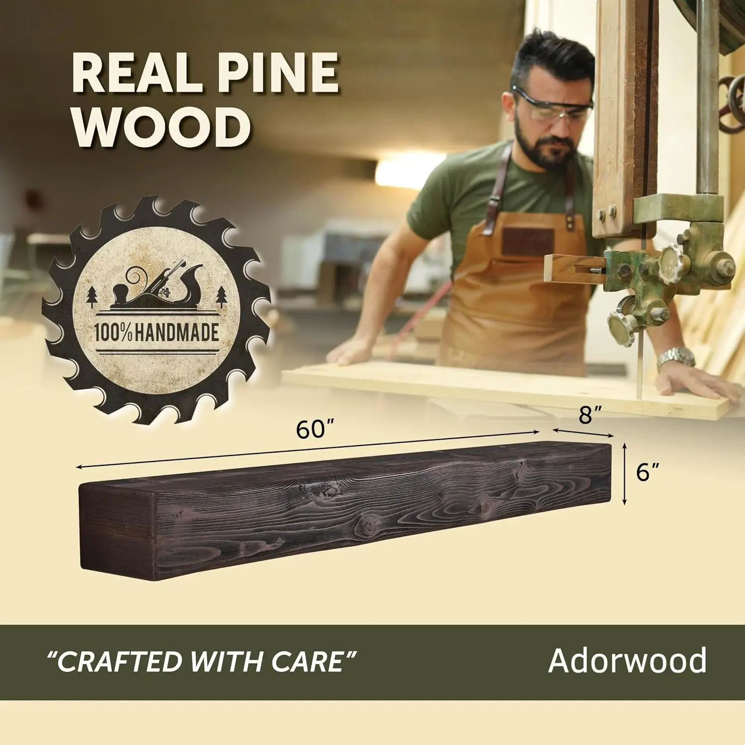 Handmade Rustic 60 Inch Fireplace Mantel Shelf, Dark Walnut 8Dx6H | Real Wood Mantle, Easy Installation, Solid Beam Look, Hidden