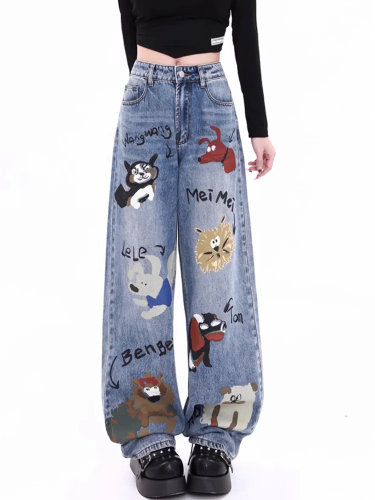 Graffiti print jeans feminino outono e inverno engrossado design de pelúcia cintura alta solta calças retas