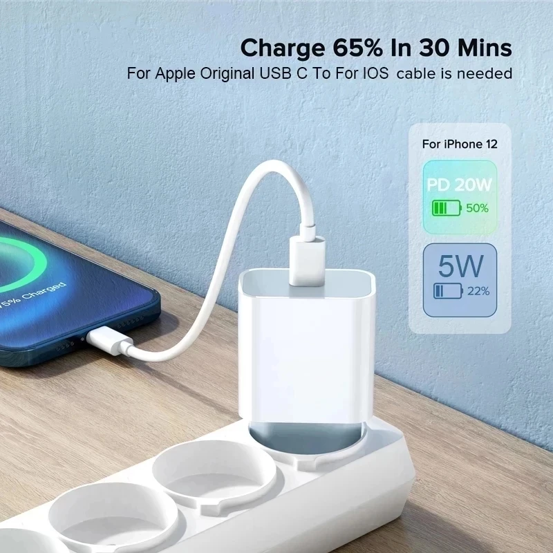 شاحن هاتف USB بقوة 20 واط لآيفون، شاحن سريع لآيفون وآيباد وسامسونج وون بلس، محول شحن سريع للحائط مع كابل Type-C، قابس أوروبي/أمريكي.