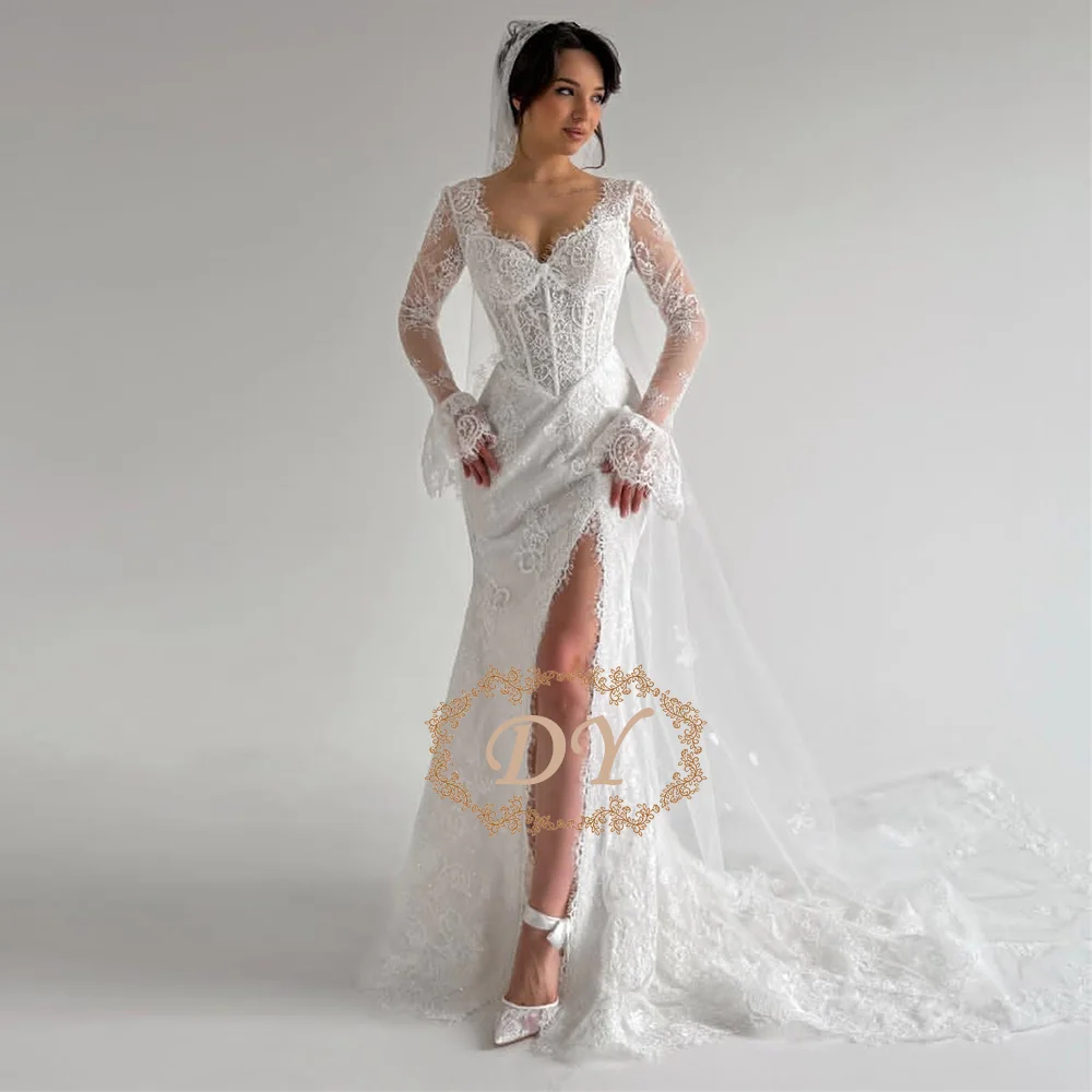 DY Elegant Lace Mermaid Wedding Dresses Full Sleeves Sweetheart Neck Side Split Bridal Gown Customized 2026 Robe De Mariage