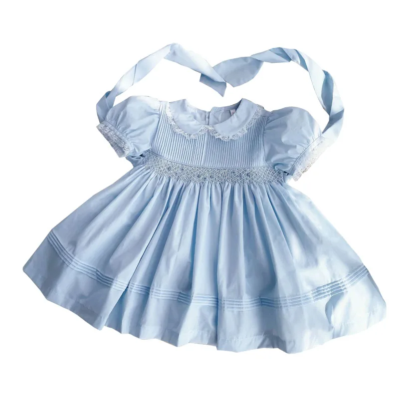 Summer Handmade Vintage Elsa Blue Hand-embroidered Girls Dress Smocking Boutique Girls Quality Flower Girls EID Dress