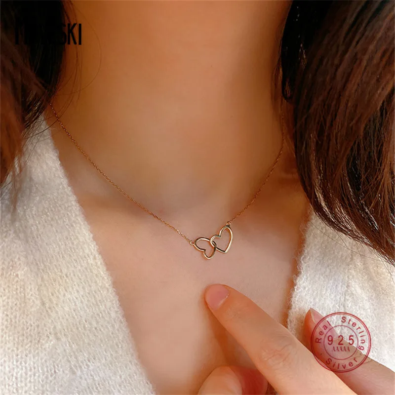 

MOVESKI 925 Sterling Silver Simple Hollow Heart to Heart Pendant Necklace Women Creative Charm Korean Jewelry