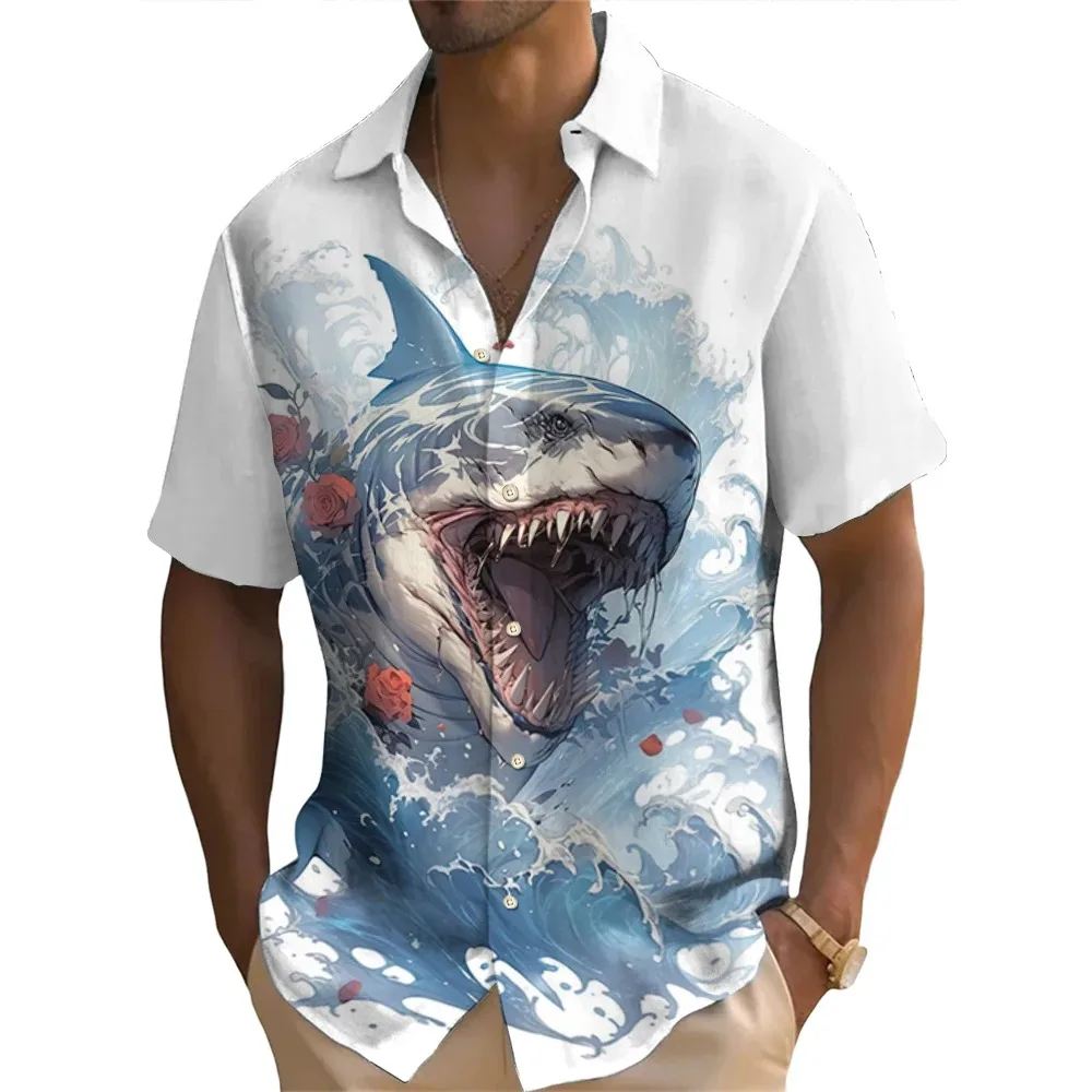 Hot selling men's shirts with high-definition 3D animal shark octopus print, Hawaiian shirts, fashionable button up short sleeve