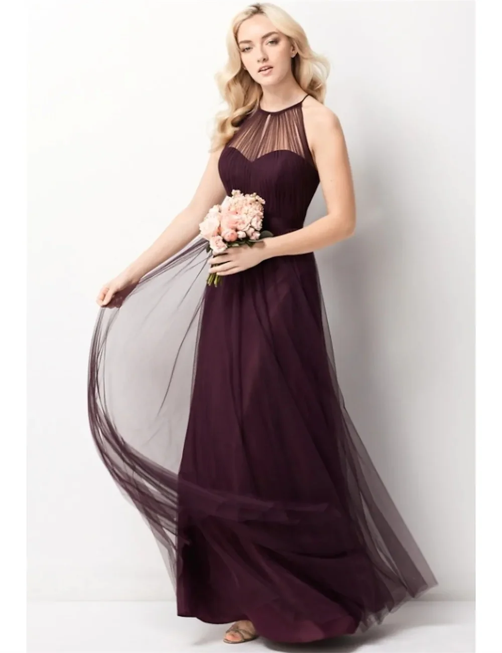 

A-Line Bridesmaid Dresses Wedding Party Dresses Elegant Halter Neck Sleeveless Beautiful Back Floor Length Chiffon Tulle 2023