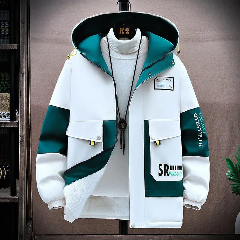 

Autumn/Winter Trendy Hooded Jacket Color Matching Windproof Plush Thick Insulation Jacket Printed Men's Outdoor Clothing Casual
