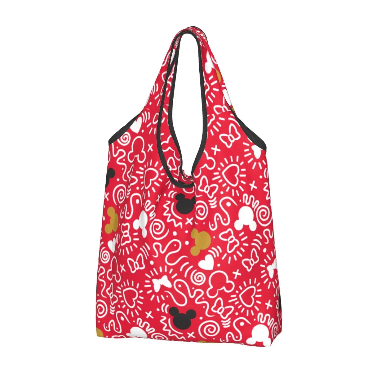 

Reusable Mickey Minnie Mouse Doodle Grocery Bags Foldable Machine Washable Shopping Bags Large Eco Storage Bag Attached Pouch