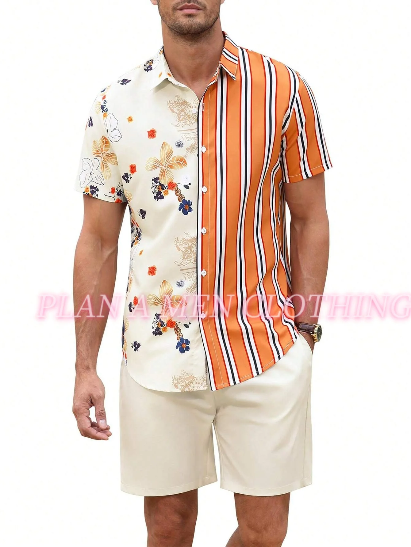 

Hawaiian Style Men 3D Beach Striped Flower Print Seaside 2 pieces shirt set Short-Sleeved Shirt Outdoor Shorts Men's2 Piece Set