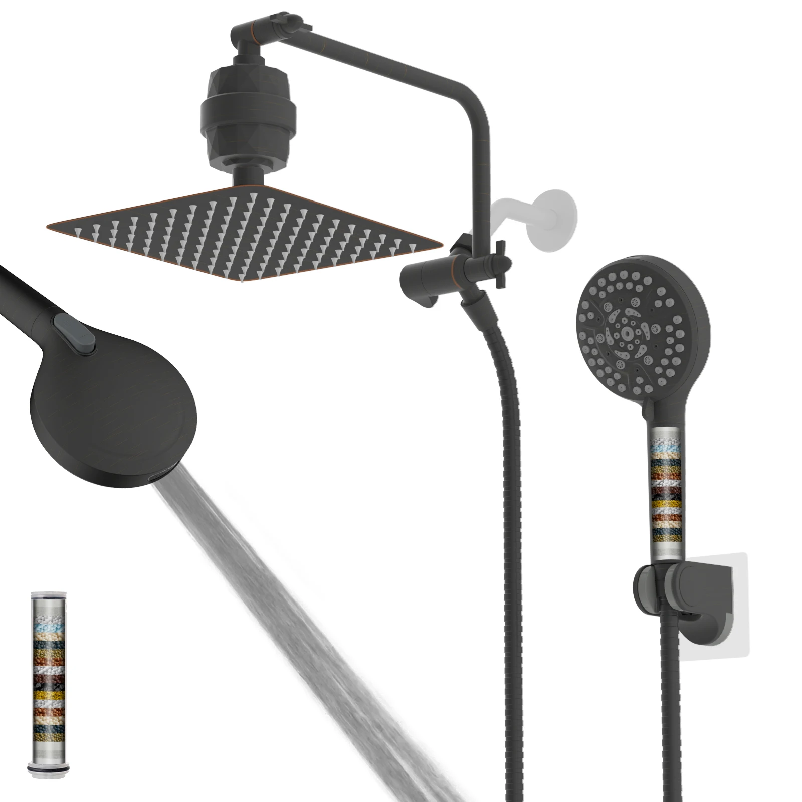 رأس دش مفلتر، مجموعة رأس دش مطري عالي الضغط مقاس 10 بوصات مع فلتر دش، ذراع تمديد الدش مقاس 11 بوصة، خرطوم 71 بوصة