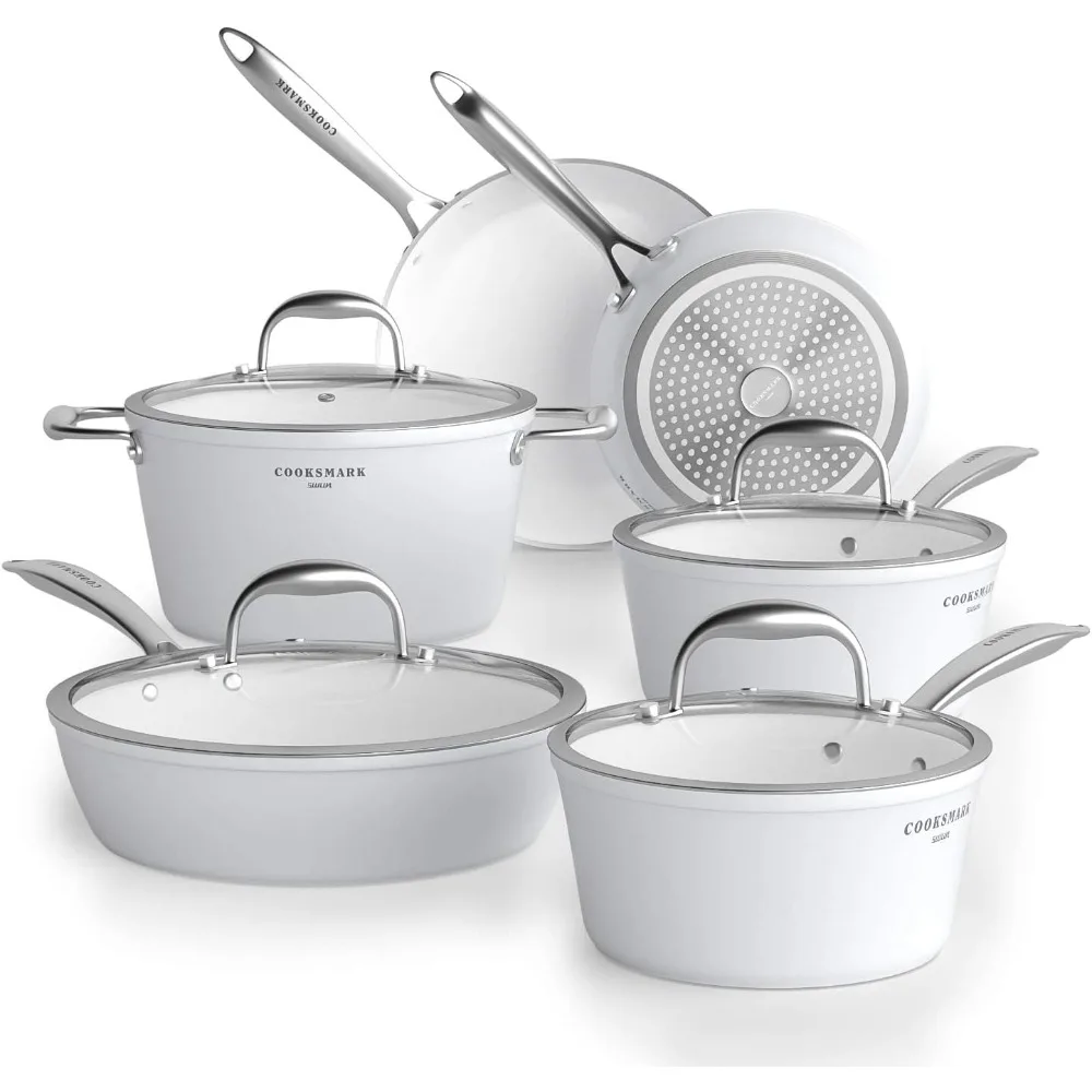 

COOKSMARK Nonstick Ceramic Cookware Set, 10 Pieces White Pots and Pans Set with Glass Lids & Stainless Steel Handles