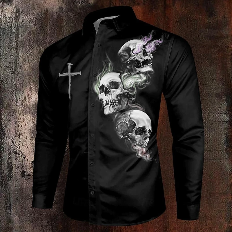 

Halloween Dragon Bone Horror 3D Printed Fashion Long Sleeve Button-Down Shirt For Men Spring Men Casual Lapel Clothing Tops Tees