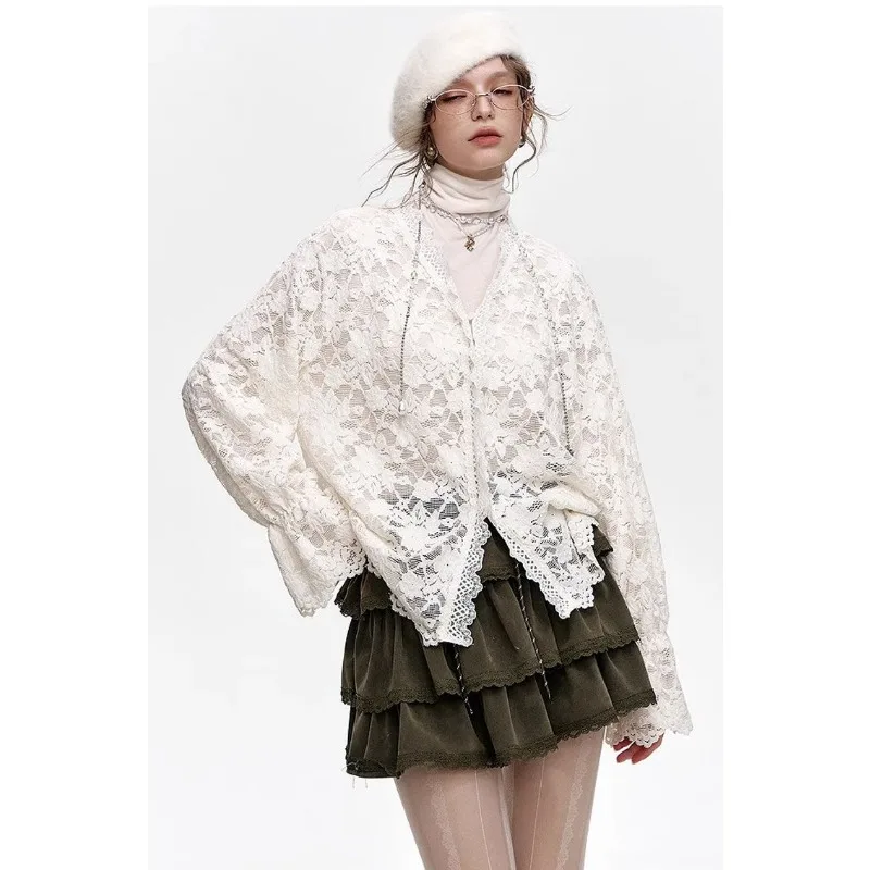 American White Layered Lace Shirt for Women 2025 Spring Autumn New Style High-end Chiffon Bottoming Shirt
