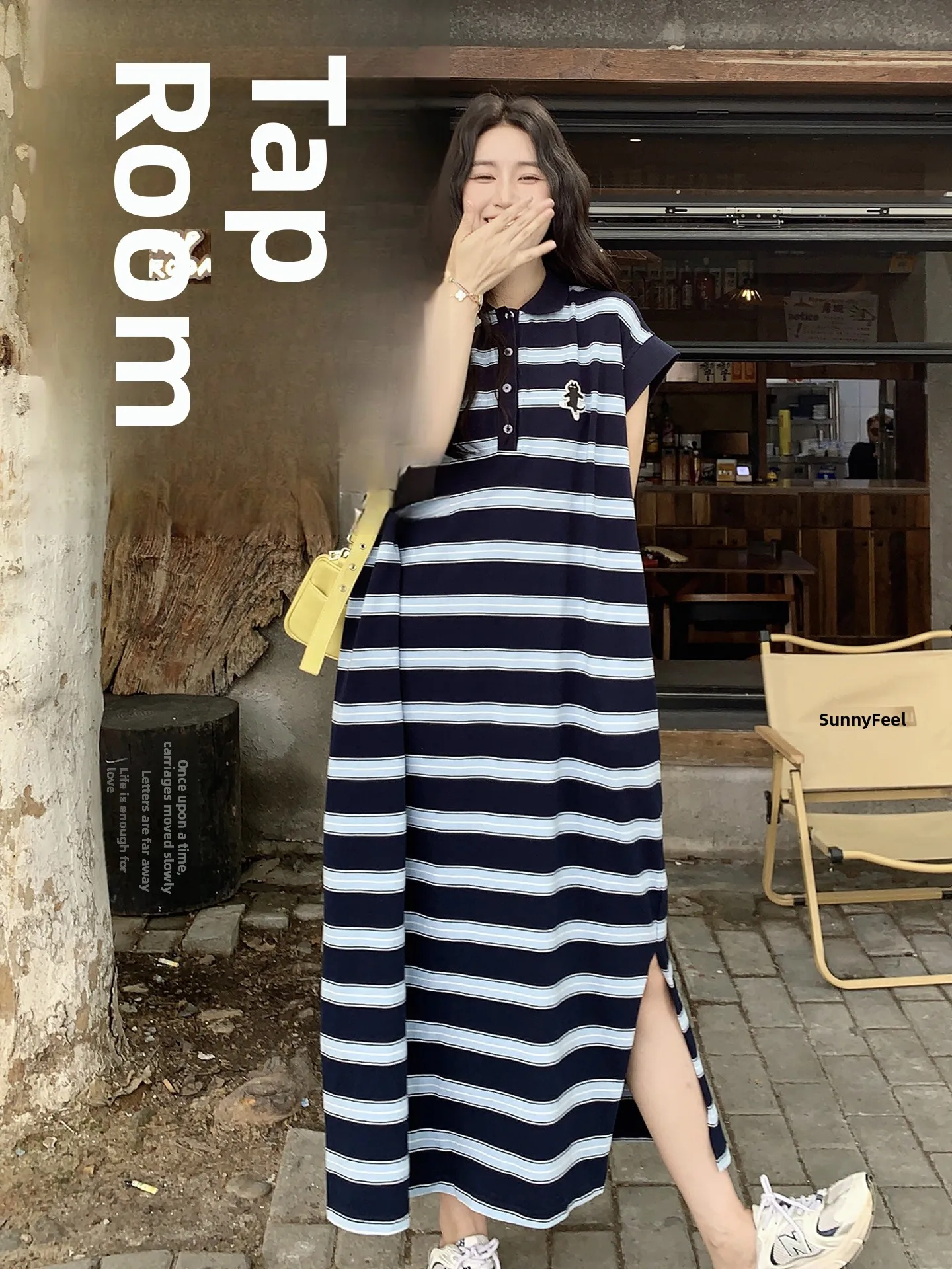 T-shirt col rayé décontracté Dr femme coupe ample été nouveau Sle collège Campus couleur Blo Long Dr Version coréenne