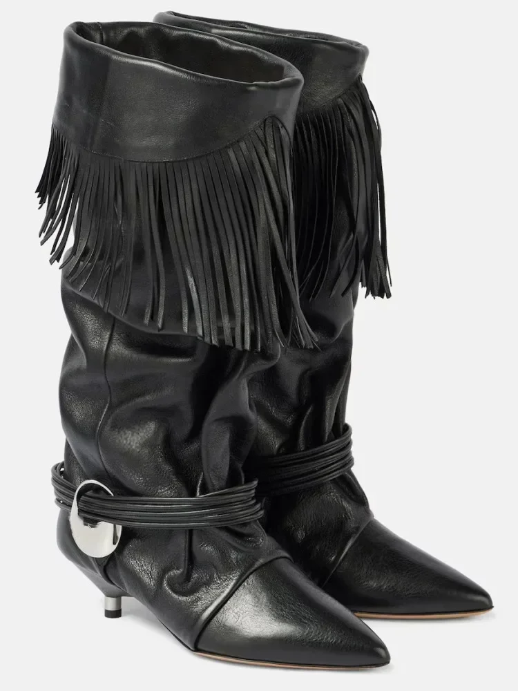 European and American Women's New Pointed Pleated 5cm Thin Heel Fringed Calf Boots, Knight Boots, Plus Size Mid Length Boots