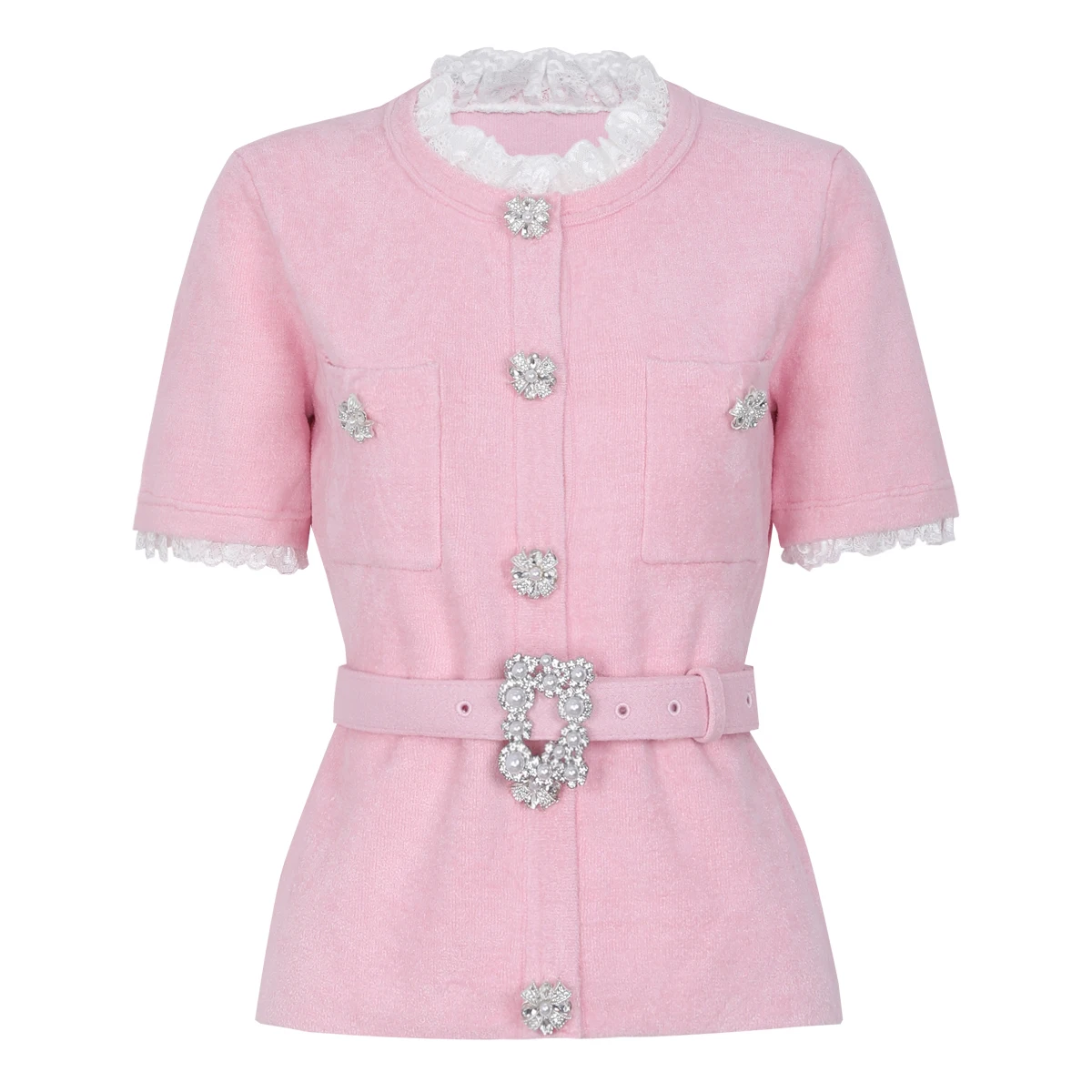 

High Quality Summer New Style Fashionable Temperament Commuting Style Lace Border Belt Knitted Women's Short Sleeved Top Jacket