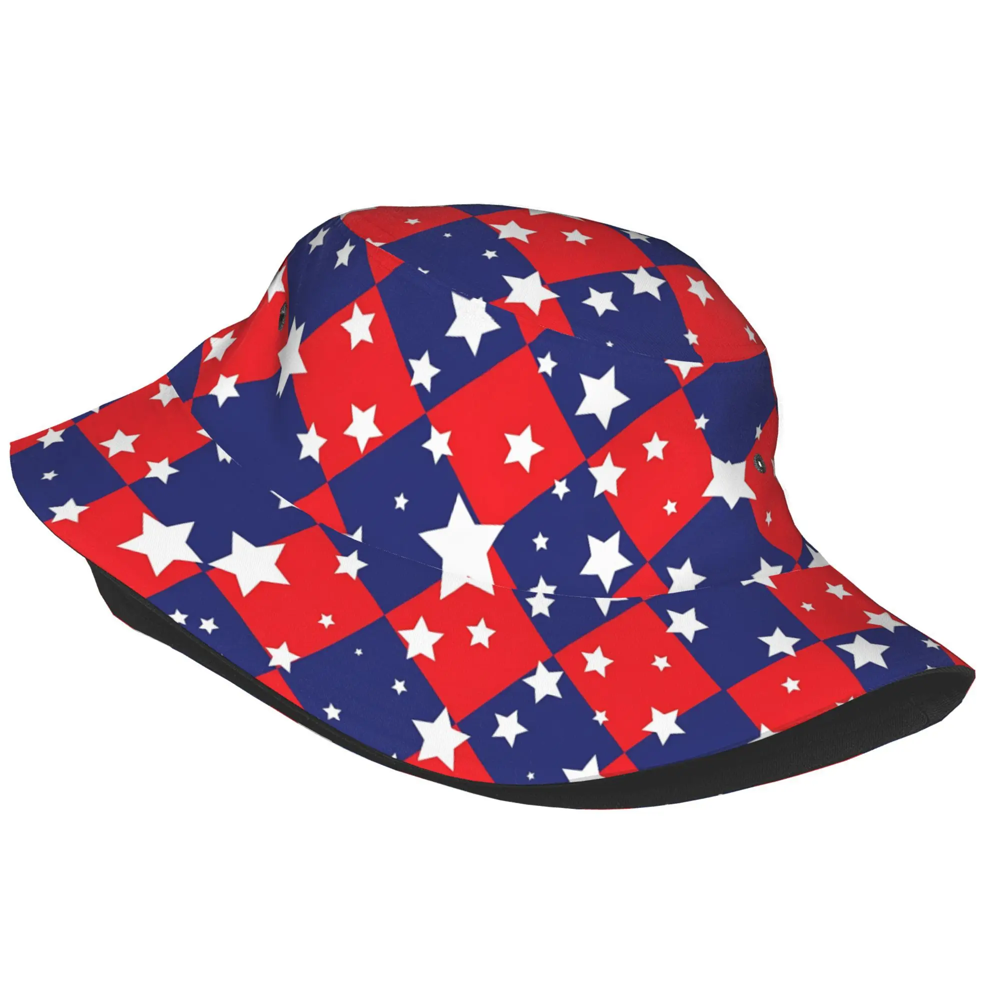 A Fully Printed Bucket Hat for Adults Featuring a Stars And Stripes Plaid Design, Suitable for Both Men And Women