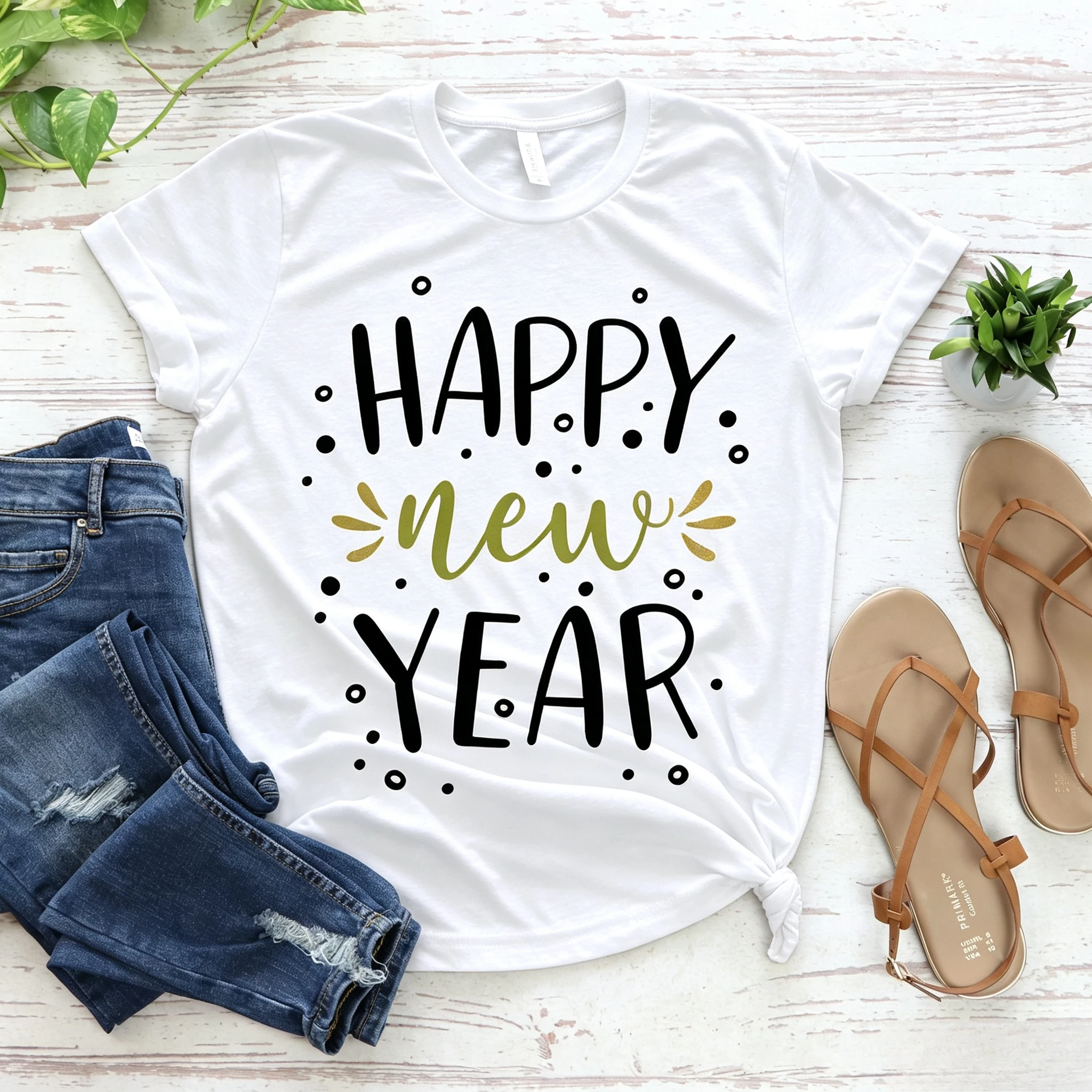 Happy New Year T Shirt Doodle Handwritten Lettering Graphic Tee Festive Holiday Top New Years Eve Gift Women Casual Short Sleeve