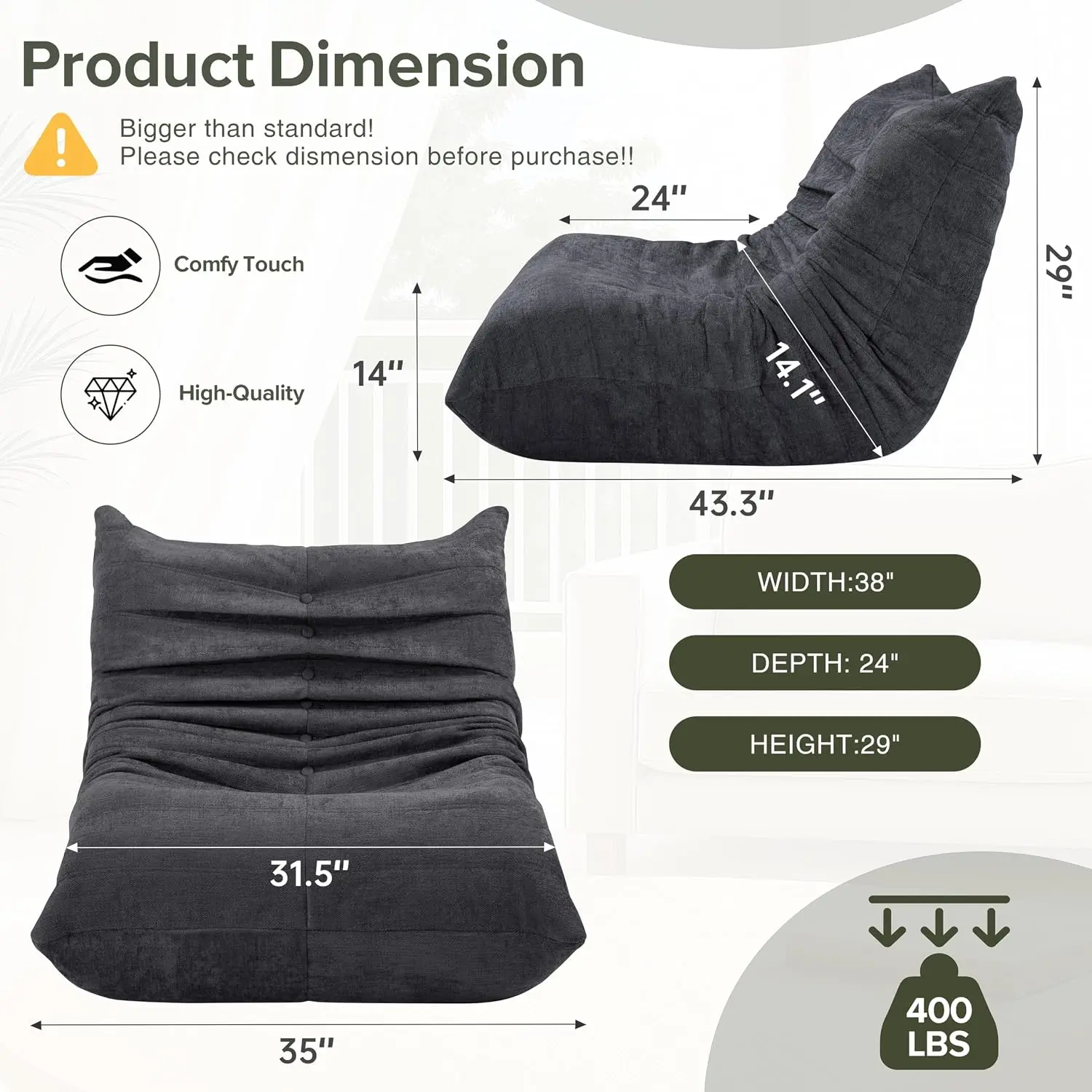 Nuturelly Bean Bag Chair for Adults, Ergonomic Seat, No Assembly, Black | Linen Fabric, Spot Clean Only, Pet-Friendly, Durable & Breathable, 400Lbs Capacity, Lightweight & Portable